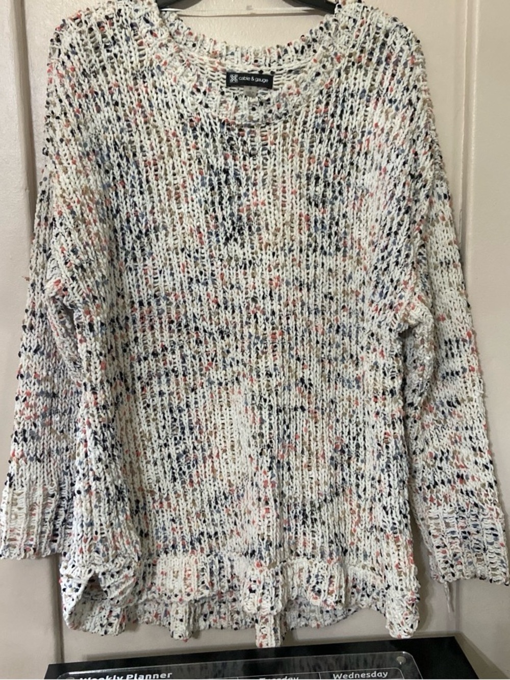 Cable & Gauge Cream Open-Knit Sweater with Navy & Peach Flecks